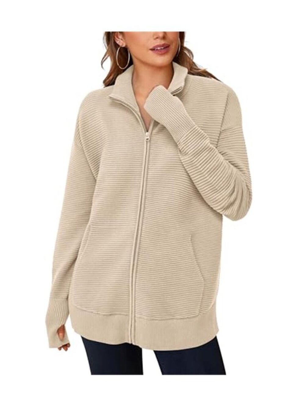 Women's Spring Long Sleeve Zip Up Cardigan Sweater - Picture 2 of 7